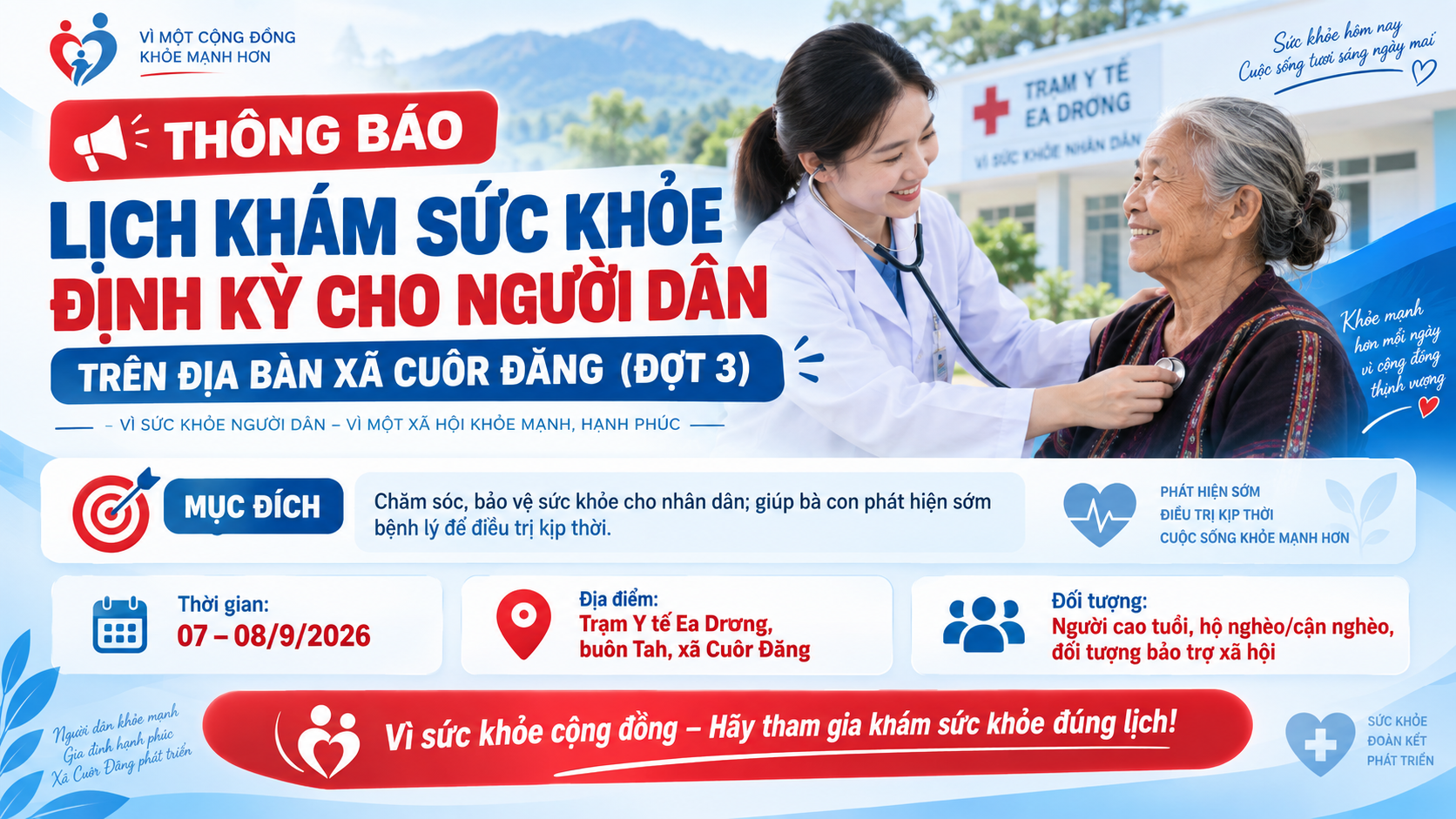 Thông báo Lịch khám sức khỏe định kỳ cho người dân trên địa bàn xã (đợt 3)